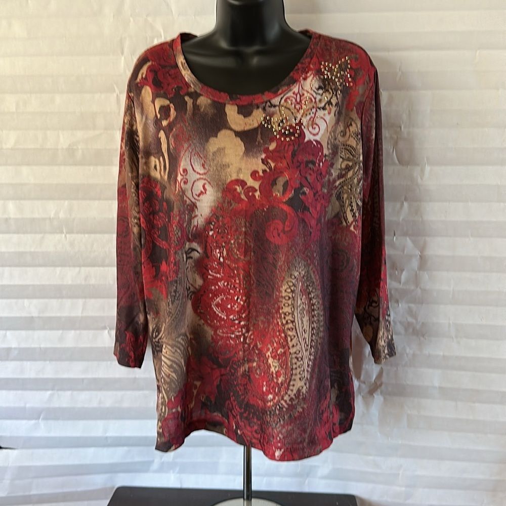White Stag Women's Long Sleeve Brown Paisley Blouse Size XL Boho Top